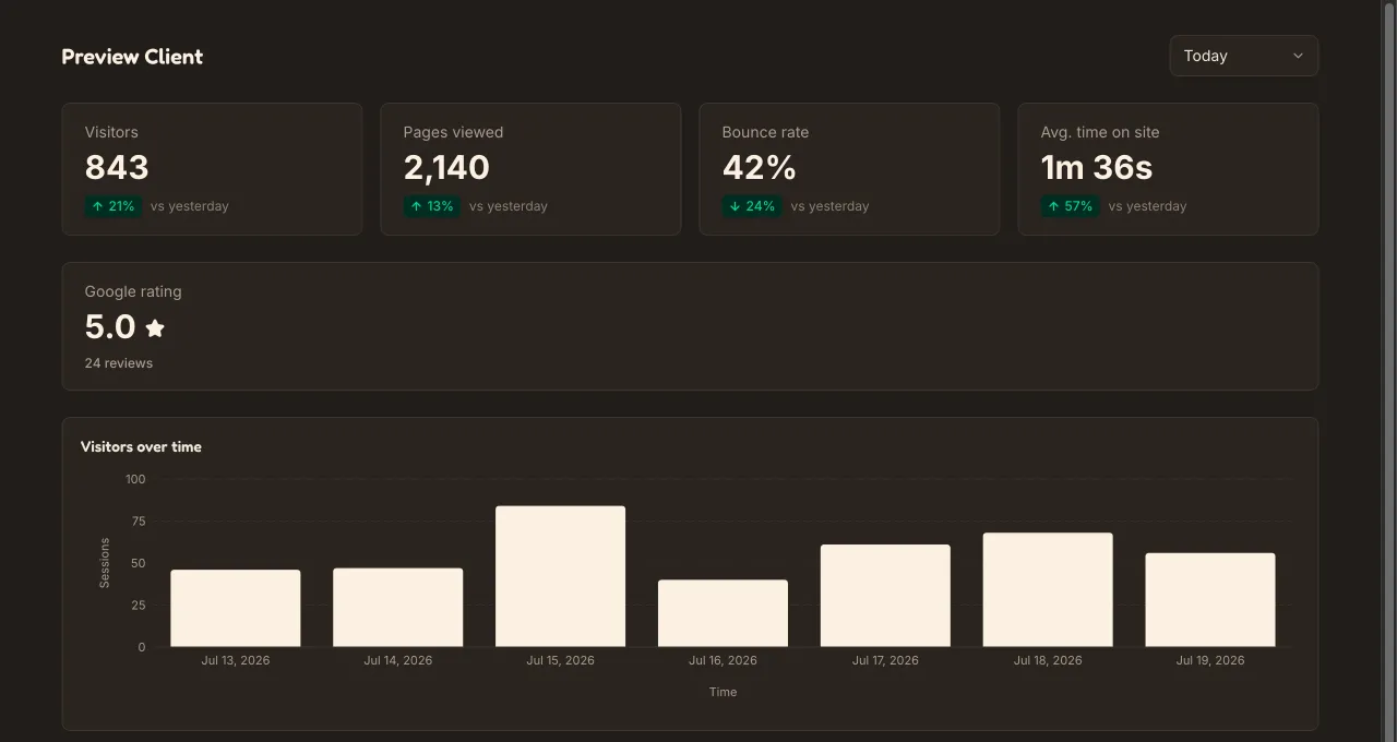 Rice Analytics client dashboard showing visitor stats, Google rating, and a visitors-over-time chart